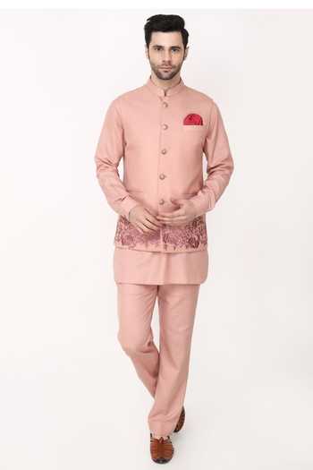 Manish Nagdeo Peach Embroidered Bundi Jacket Set 