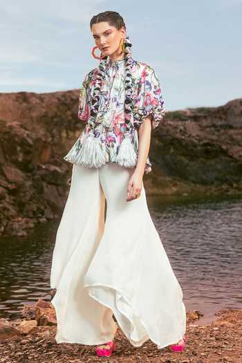 Akanksha Mago Printed Peplum Top & High Low Pant Set 