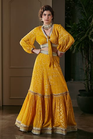 Mustard Tie-Dye Blouse & Lehenga Set 
