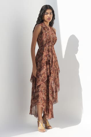 Nadima Saqib Paisley & Mandla Print Asymmetric Hem Dress 