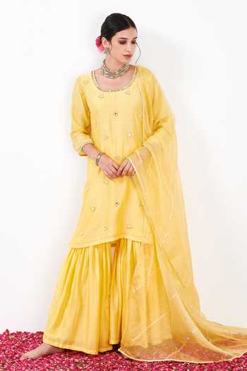 Label Flamingo By Vrinda Mirrorwork Embroidered Kurta Sharara Set 