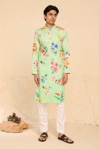 Vintage Floral Print Kurta Set For Kids