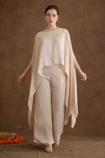 Nikasha Neckline Embroidered Cape & Wide Leg Pant Set 