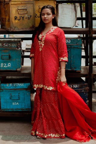 Label Earthen Foil Print Kurta Sharara Set 