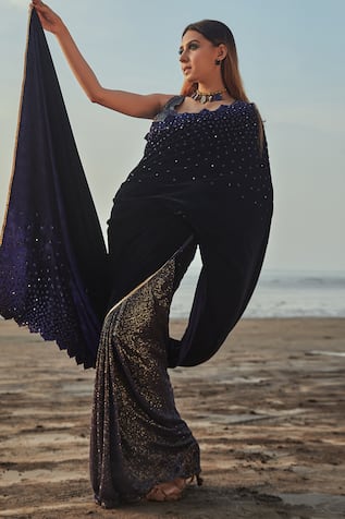 Black Color Lycra Drape Net Saree - Rent