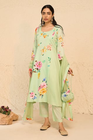 Mint Floral Print Kurta Set For Kids