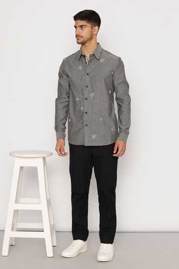 Lacquer Embassy Grey Abstract Embroidered Cotton Shirt 