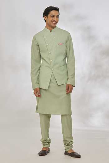 Manish Nagdeo Mint Green Geometric Bundi & Kurta Set 