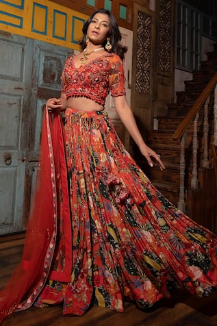 Printed Pleated Bridal Lehenga Set For Kids