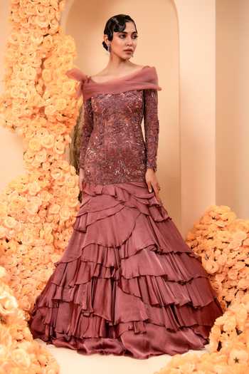 Adi By Aditya Khandelwl Off Shoulder Embroidered Ruffle Gown 