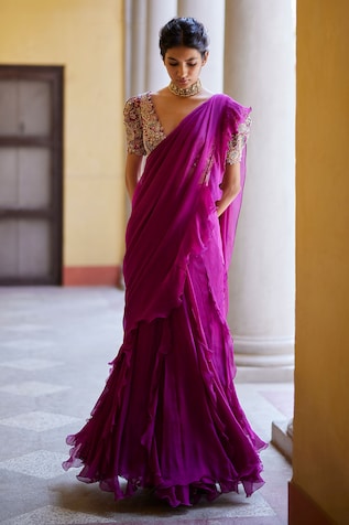 Lavanya The Label Pink Organza Ready To Wear Ruffle Saree With Stitched  Blouse - Absolutely Desi