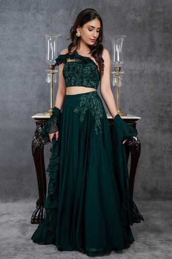 Sunita Bhandari Embroidered One Shoulder Blouse Lehenga Set 