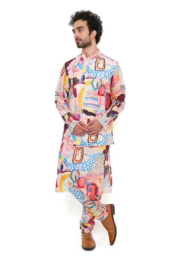PS Men By Payal Singhal Peach Trance Print Bundi Kurta Set 