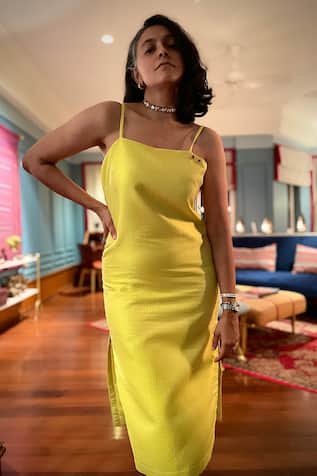 Couché By Anandini Plain Tussord Tweed Midi Slit Dress 