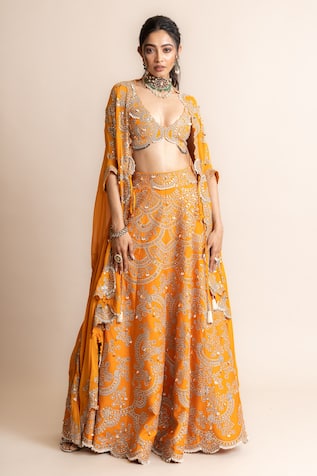 Nupur Kanoi Border Embroidered Cape Lehenga Set 