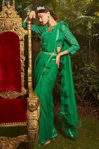 Cherie D Duchess Ruffle Border Saree With Embroidered Blouse 
