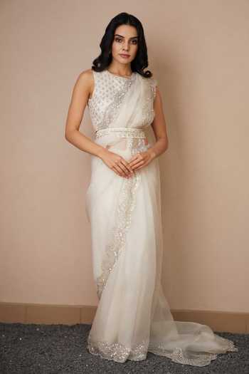 ASTHA NARANG Organza Scallop Border Saree With Blouse 