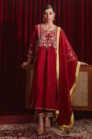 Ajiesh Oberoi Preeti Straight Long Embroidered Kurta Pant Set 