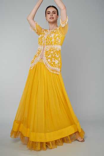 KEITH GOMES Embroidered Mustard Peplum Top & Skirt Set 