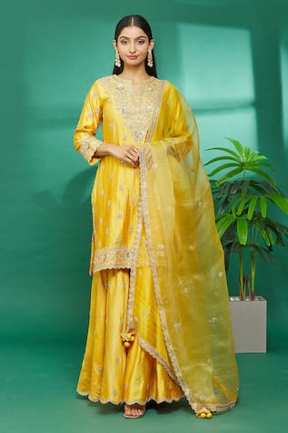 Floral Hand Embroidered Kurta Sharara Set 