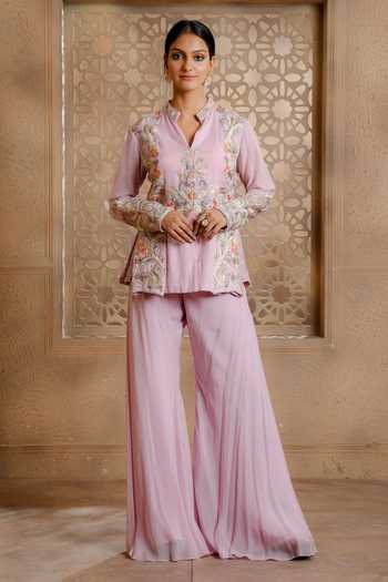 Omana By Ranjana Bothra Mayoor Embroidered Peplum Jacket & Bell Bottom Pant Set 