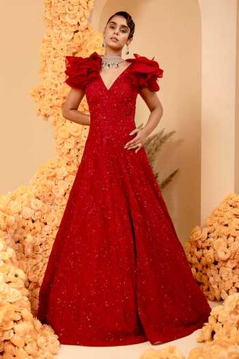 Adi By Aditya Khandelwl Red Embroidered Frill Sleeve Gown 