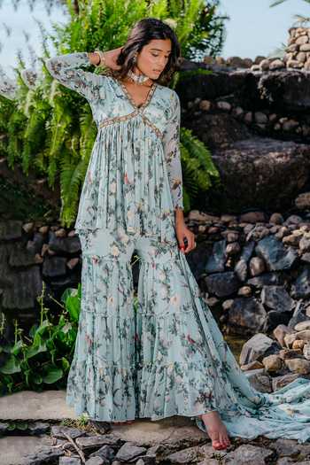 Redpine Designs Vintage Floral Print Kurta & Sharara Set 