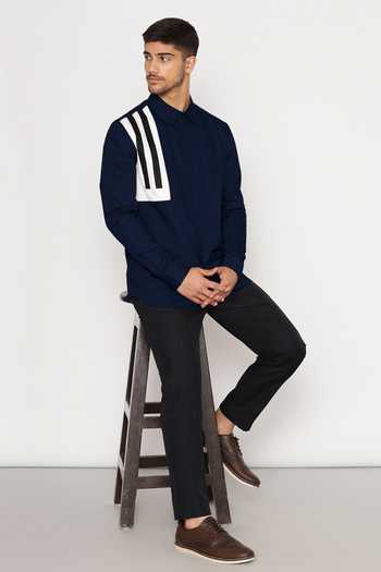 Lacquer Embassy Navy Cotton Satin Shirt with Block Panels 