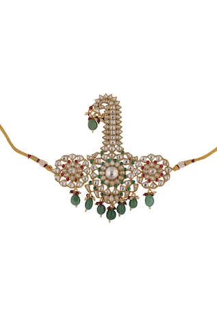 Riana Jewellery Floral Carved & Green Bead Drop Kalangi