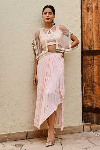 Palak & Mehak Freya Stripe Woven Skirt Set With Cape 