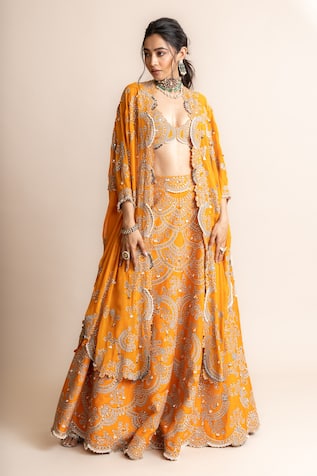 Nupur Kanoi Border Embroidered Triangle Cape Lehenga Set 