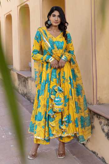 Pomcha Jaipur Carnation Floral Print Anarkali Pant Set 