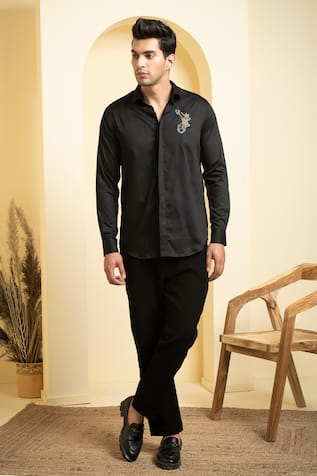 Black Elephant Motif Embroidered Shirt For Kids