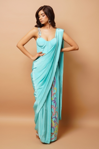 Ahi Clothing Pre-Draped Embroidered Kali Saree With Bustier