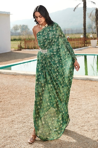 Gaurav Katta - Green Georgette Embroidery Thread Round Crop Top And Palazzo  Set For Women