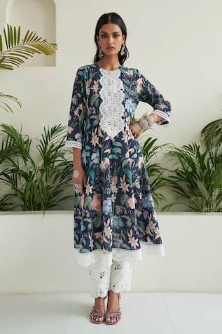 Sage Saga Iris Floral Bouquet Print Anarkali 