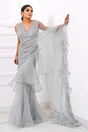 Amrta By Guneet Kondal Grey Hand Embroidered Ruffle Saree Set 