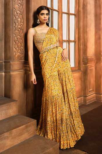 Aneesh Agarwaal Pre-Draped Floral Print Sharara Saree & Blouse Set 