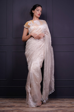 Srota By Srishti Aggarwal Metallic Tissue Saree With Embellished Blouse