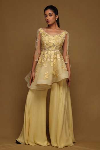 Shriya Som Floral Embroidered Peplum Top & Pant Set 