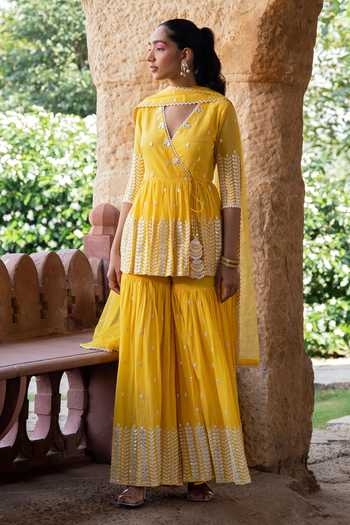 Preevin Leaf Embroidered Peplum Angrakha Sharara Set 