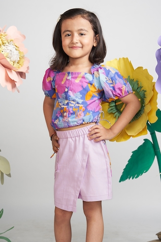 Buy Purple Cotton Silk Printed Floral Top And Palazzo Set For Girls by Mini  Trails Online at Aza Fashions.