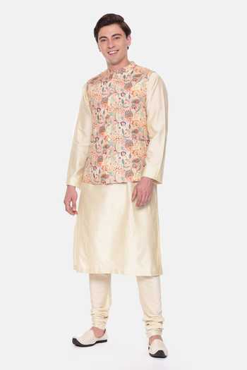 Mayank Modi - Men Jacobean Print Peach Bundi 