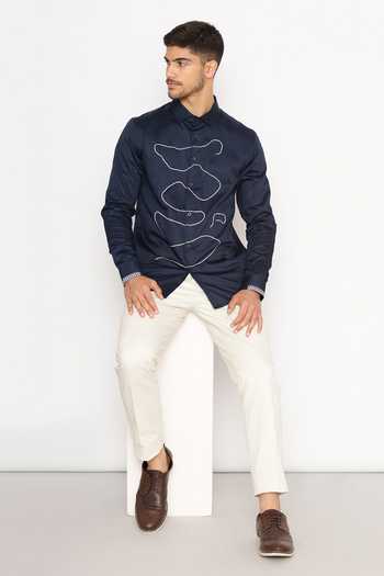 Lacquer Embassy Navy Blue Abstract Embroidered Shirt 