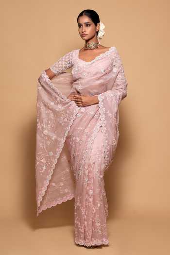 Pallavi Poddar Organza Floral Jaal Embroidered Saree With Blouse 