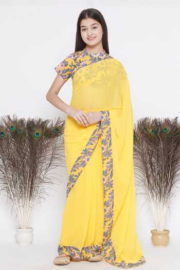 Little Bansi Floral Print Pre-Draped Saree With Blouse 