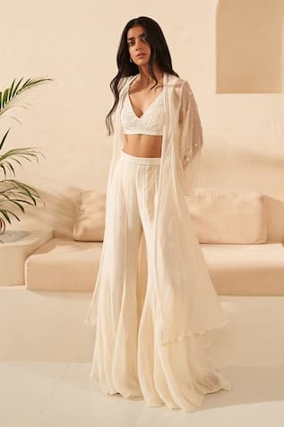 Zoon Sleeve Embroidered Jacket Palazzo Set 