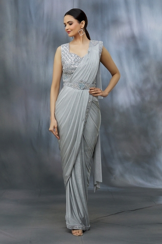 Khwaab by Sanjana Lakhani Pre-Draped Saree With Mirror Work Blouse