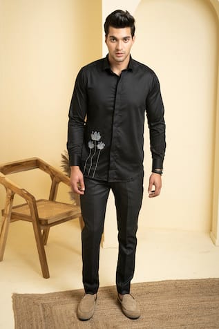 Flower Embroidered Black Shirt 