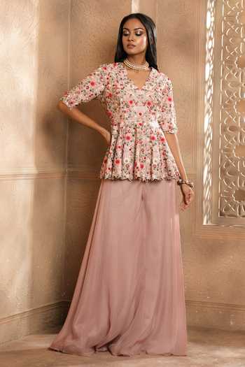 Omana By Ranjana Bothra Zareen Floral Embroidered Peplum Top & Sharara Set 